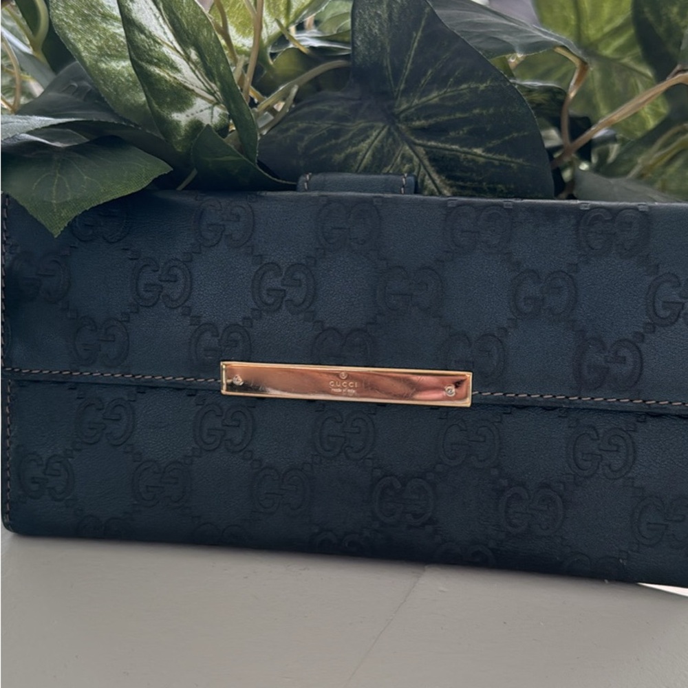 Gucci Bluish Gray Leather Wallet with Gold Accent